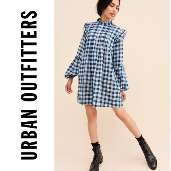 Urban Outfitters Jill Babydoll Mini Dress blue checked size medium fall EUC - Picture 1 of 16
